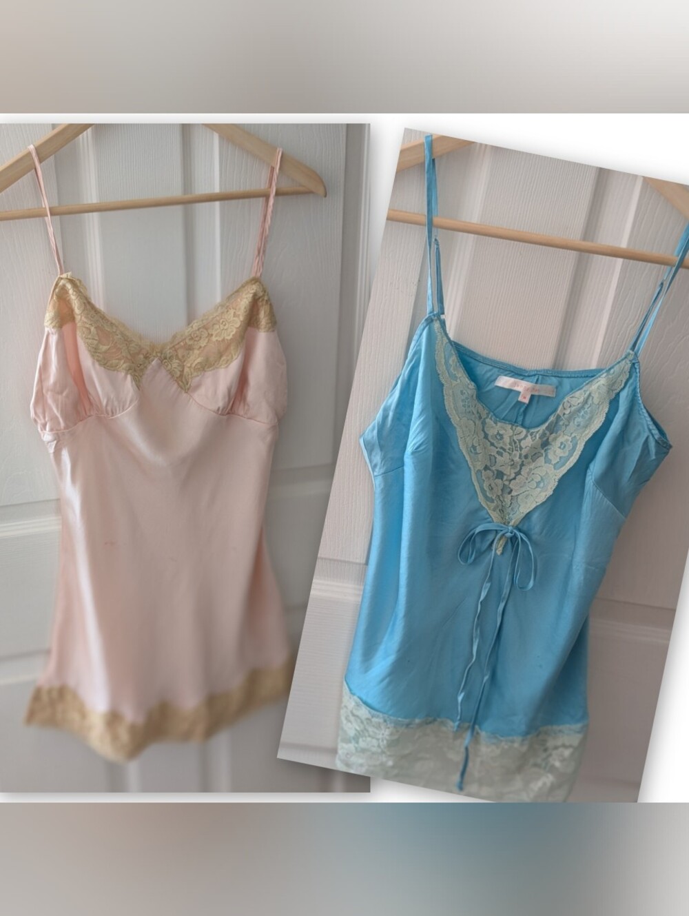 Jenny Han Lot of Two Women's Lace Trim Satin Chemise Slips - Pink and Blue